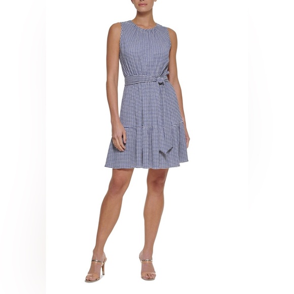 DKNY Navy/Ivory Gingham Seersucker Sleeveless Dress Size 14 NWT - Picture 1 of 3